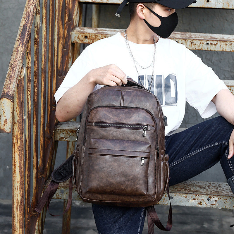 Retro Soft Leather Men'S Backpack Fashion Business Travel Computer Bag