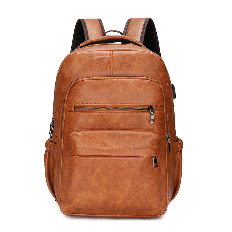 Retro Soft Leather Men'S Backpack Fashion Business Travel Computer Bag