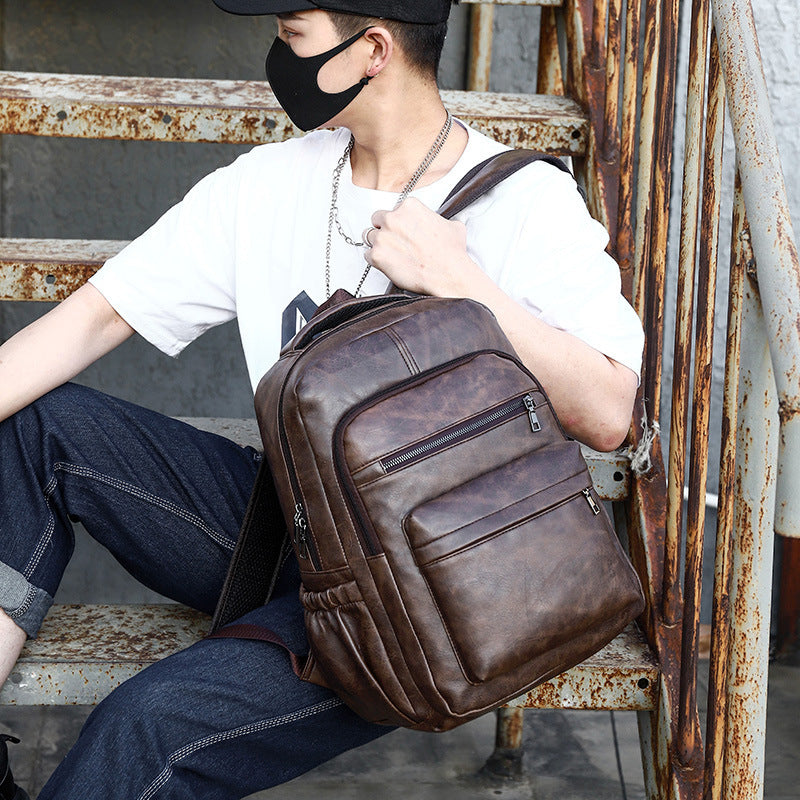 Retro Soft Leather Men'S Backpack Fashion Business Travel Computer Bag